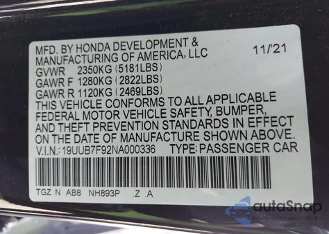 2022 Acura Tlx Type S - Hp Wheel And Tire из США, поврежденный, VIN 19UUB7F92NA000336